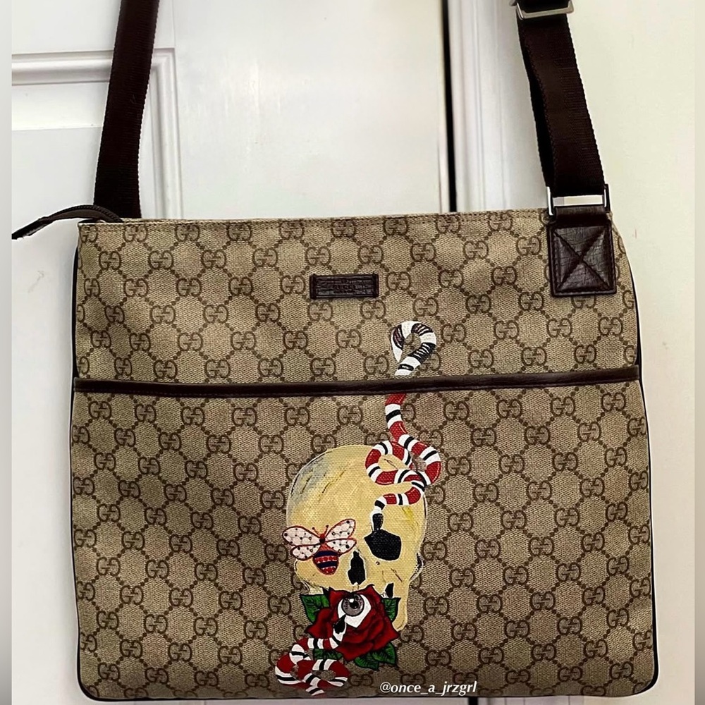 Vintage Gucci GG Plus Medium Flat Messenger bag with hand painted skull work
